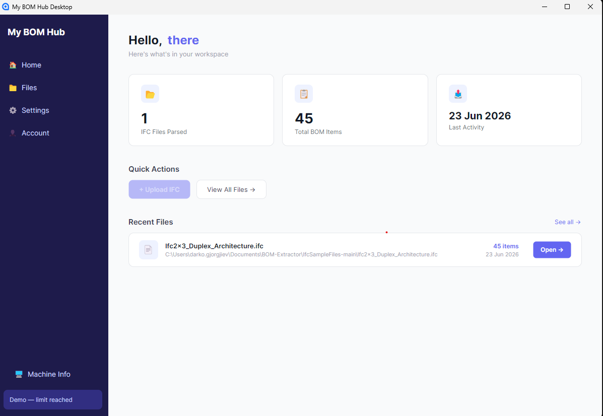 Desktop Dashboard — Stat cards and recent files