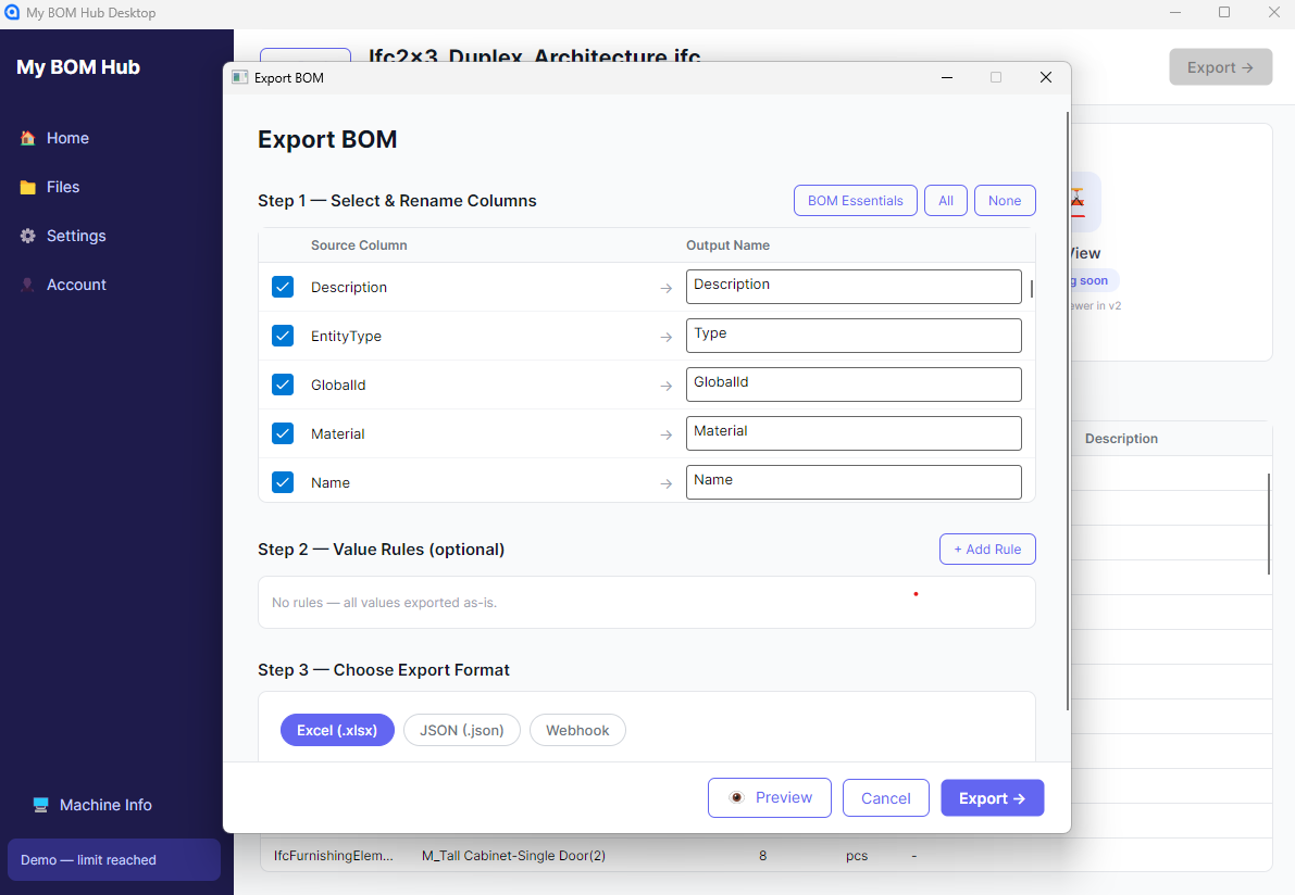 Desktop Export Wizard — Column selection