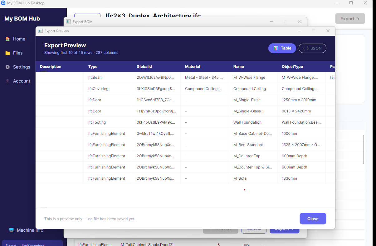 Desktop Export Preview — Table and JSON